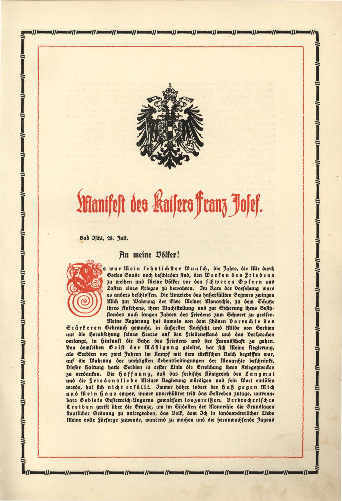 Gedruckte Seite in Fraktur mit rotem Titel und Doppeladler