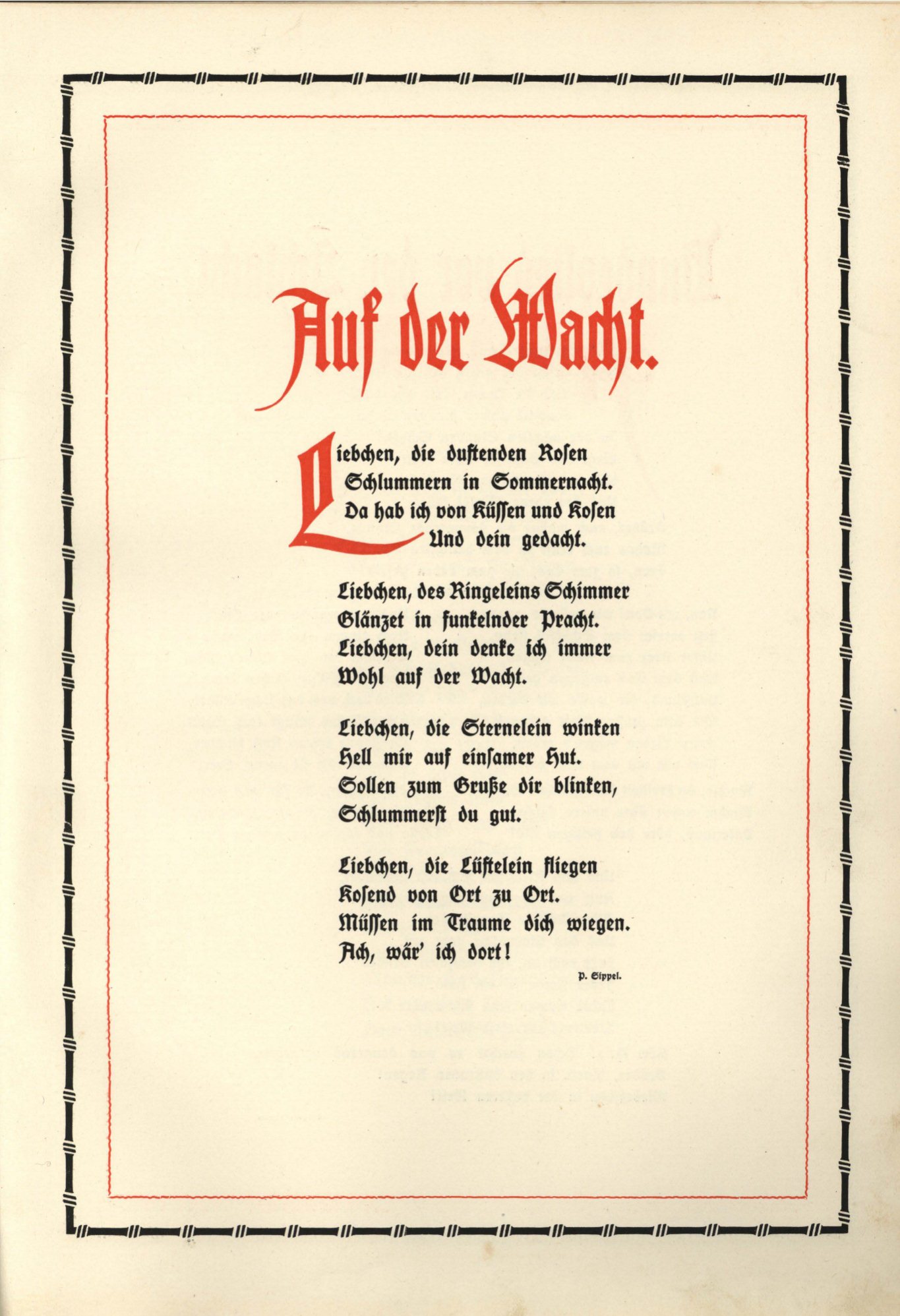 Gedruckte Gedichtseite mit rotem Titel in Fraktur